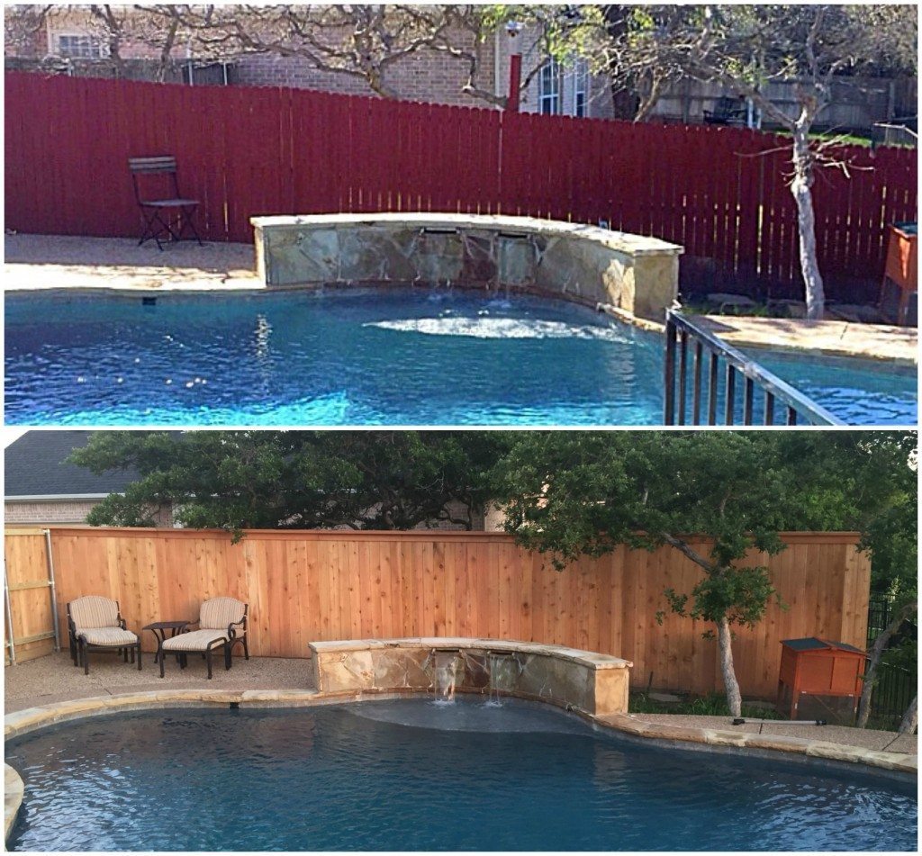 fence by pool before and after